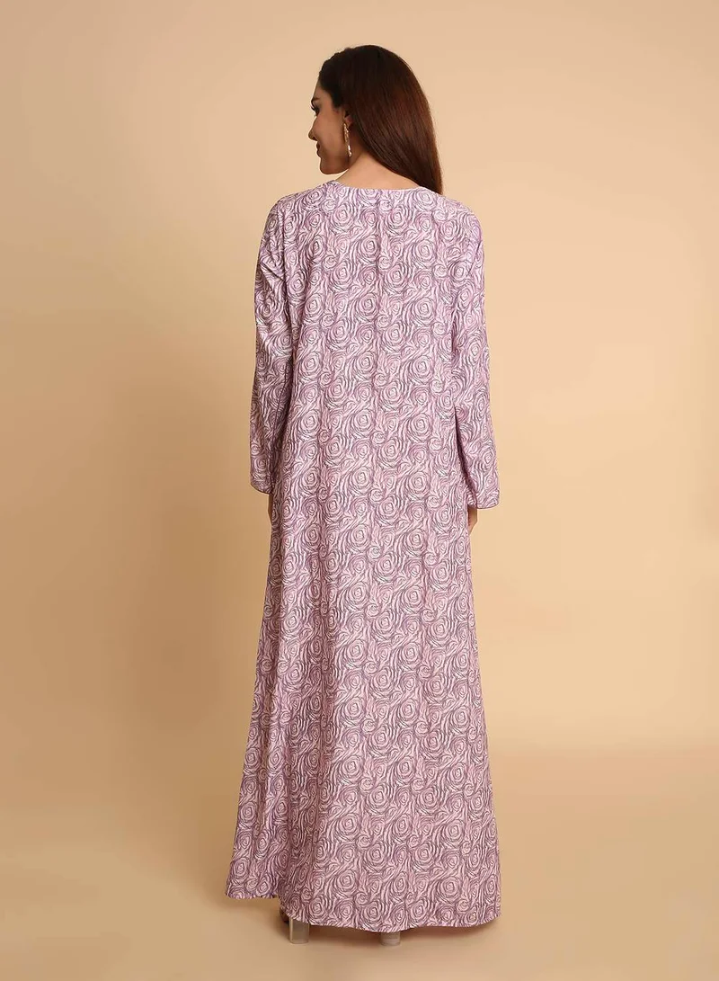 HANA & SARA Purple Rose Swirl Printed Arabic Jalabiya Dress for Women's